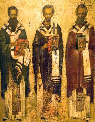Image for St. Basil, St. Gregory Theologian, St. John Chrysostom - the Three Holy Hierarchs - 13th c. Vatopaidi (8 x 10)